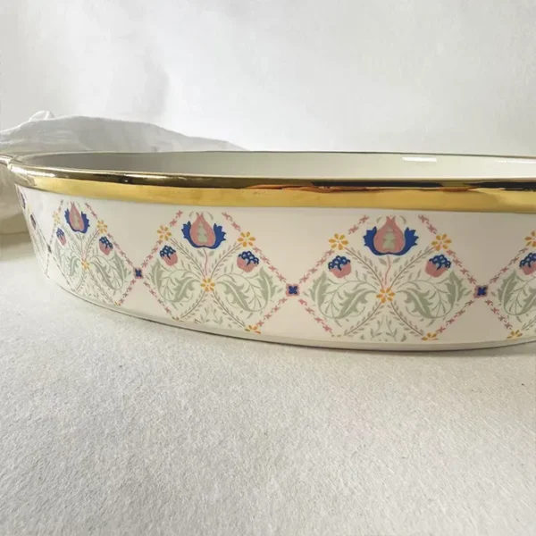 custom-baking-pans-with-handles-gold-traced-oval-ceramic-bakeware-wholesale-1