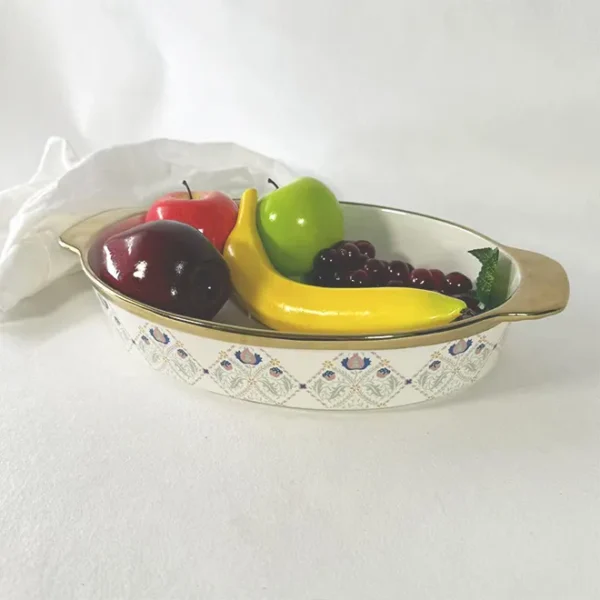 custom-baking-pans-with-handles-gold-traced-oval-ceramic-bakeware-wholesale-3