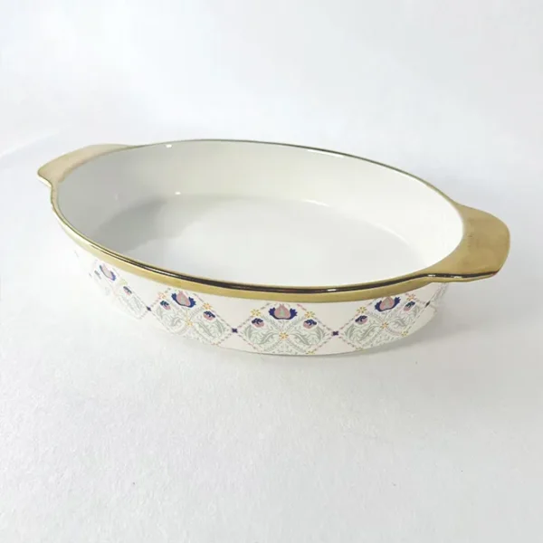 custom-baking-pans-with-handles-gold-traced-oval-ceramic-bakeware-wholesale-5