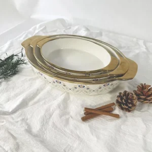 custom-baking-pans-with-handles-gold-traced-oval-ceramic-bakeware-wholesale-6